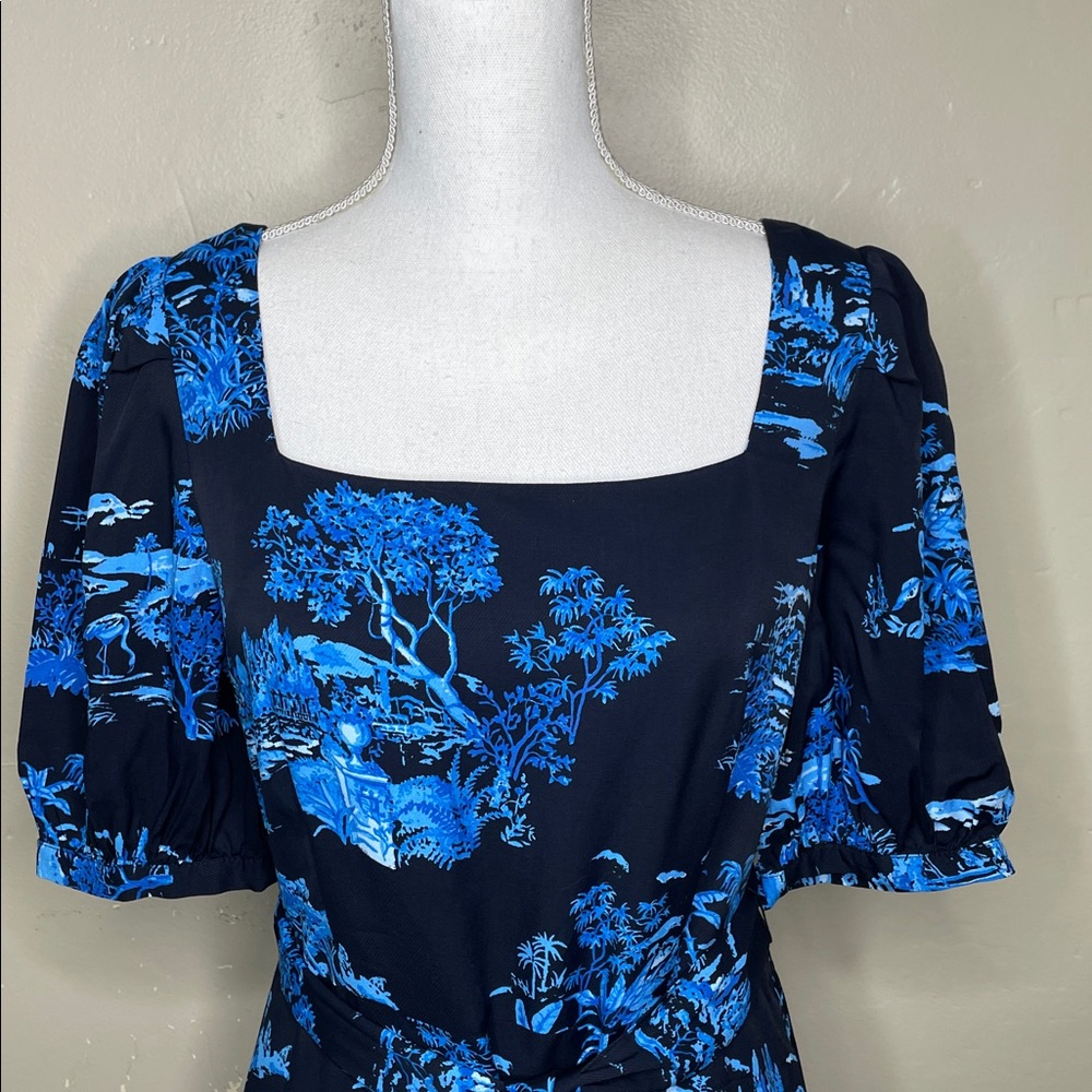 ANN TAYLOR Petite Blue & Black Floral Toile Square NIGHT SKY MIDI Dress 6P - Picture 4 of 15